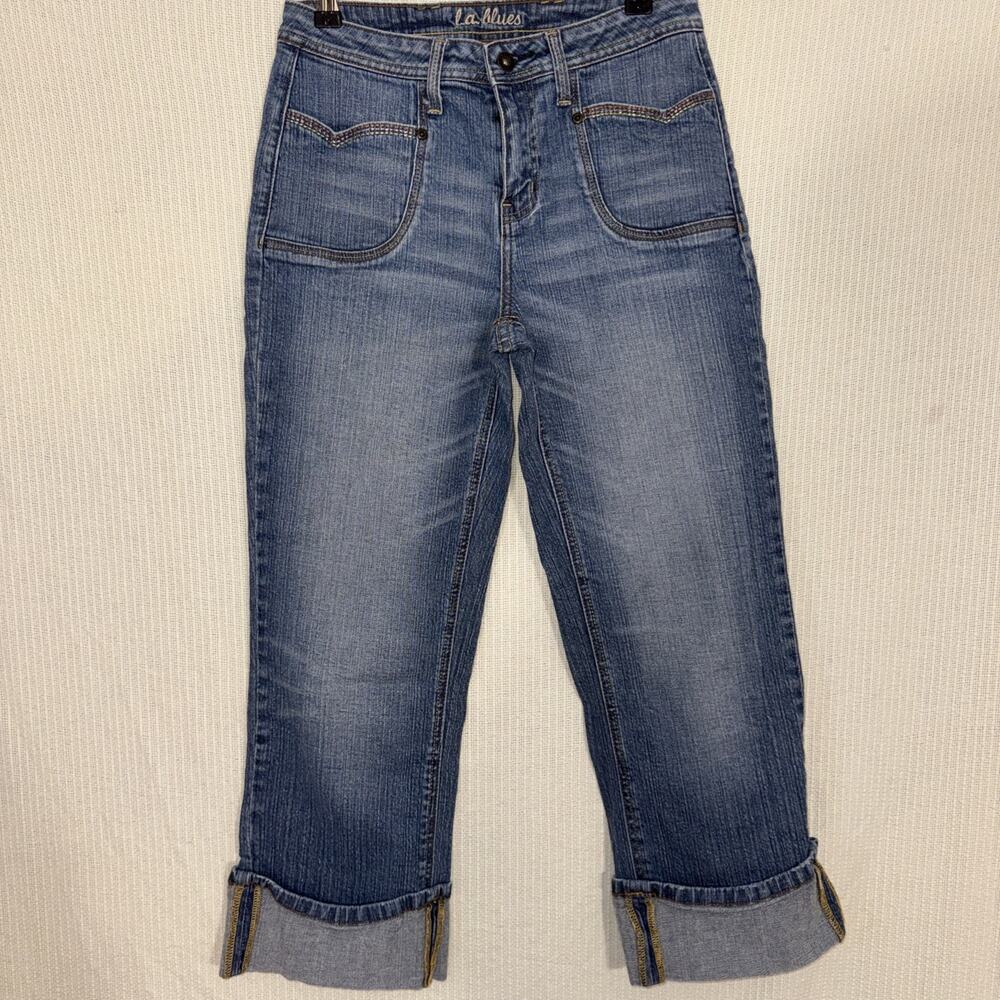 La Blues Women Capri Jeans Cuffed Cropped Denim Y2K Blue Mid Rise Retro Festival